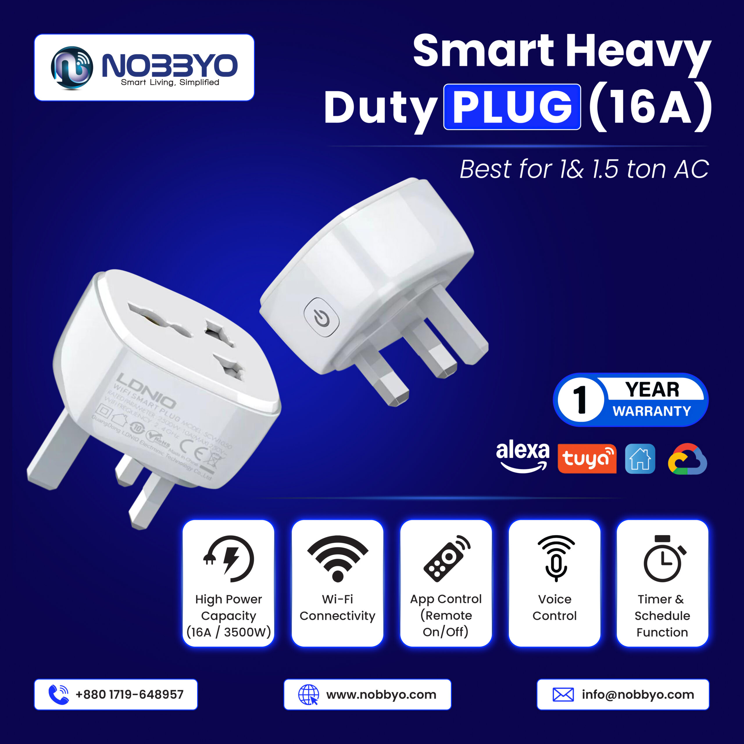 WiFi Smart Plug-16A (SA/Heavy Duty) | NOBBYO Smart Plug | Voice & Energy Control