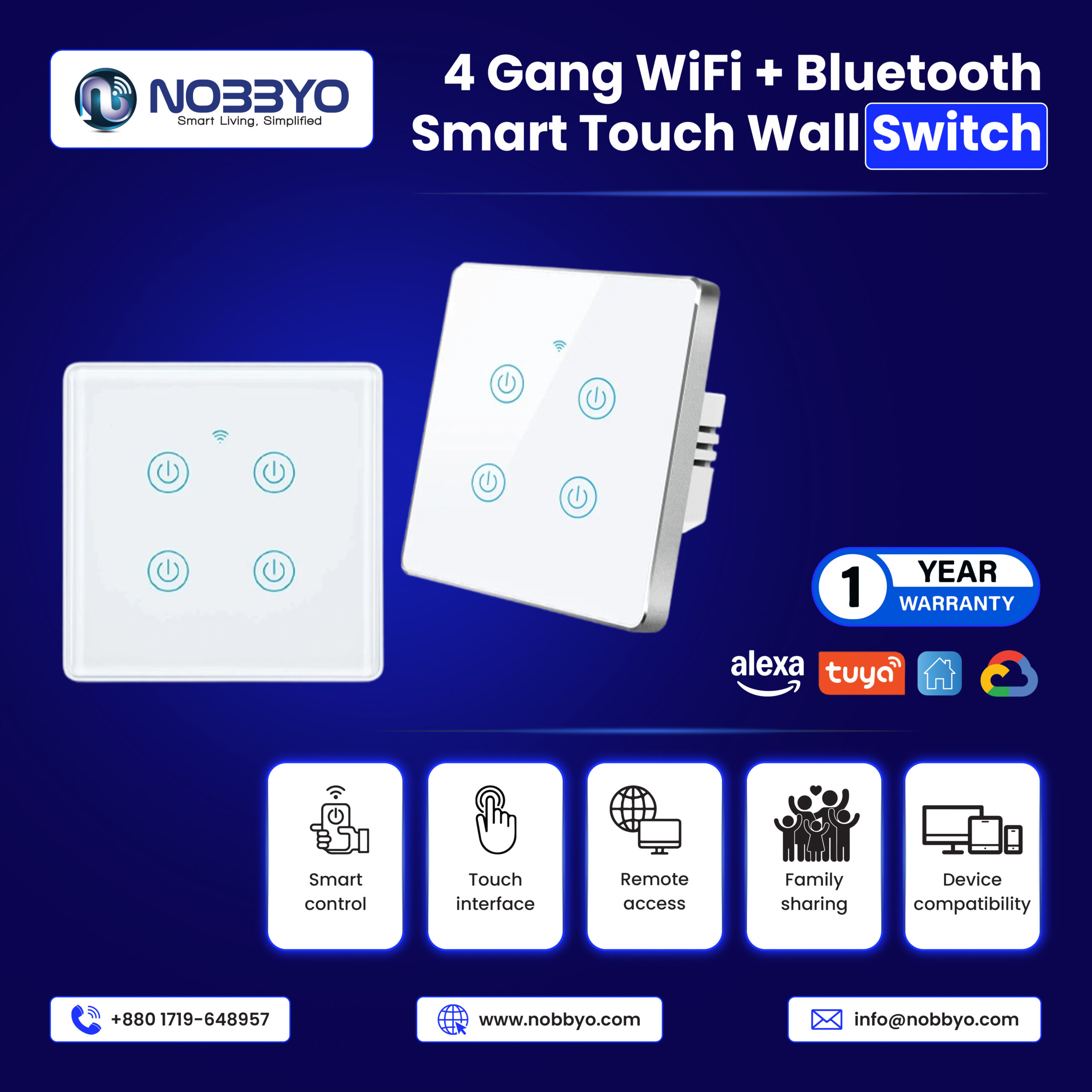 4 Gang WiFi + Bluetooth Smart Touch Wall Switch | NOBBYO Touch Switch | NSH-4GSW-005