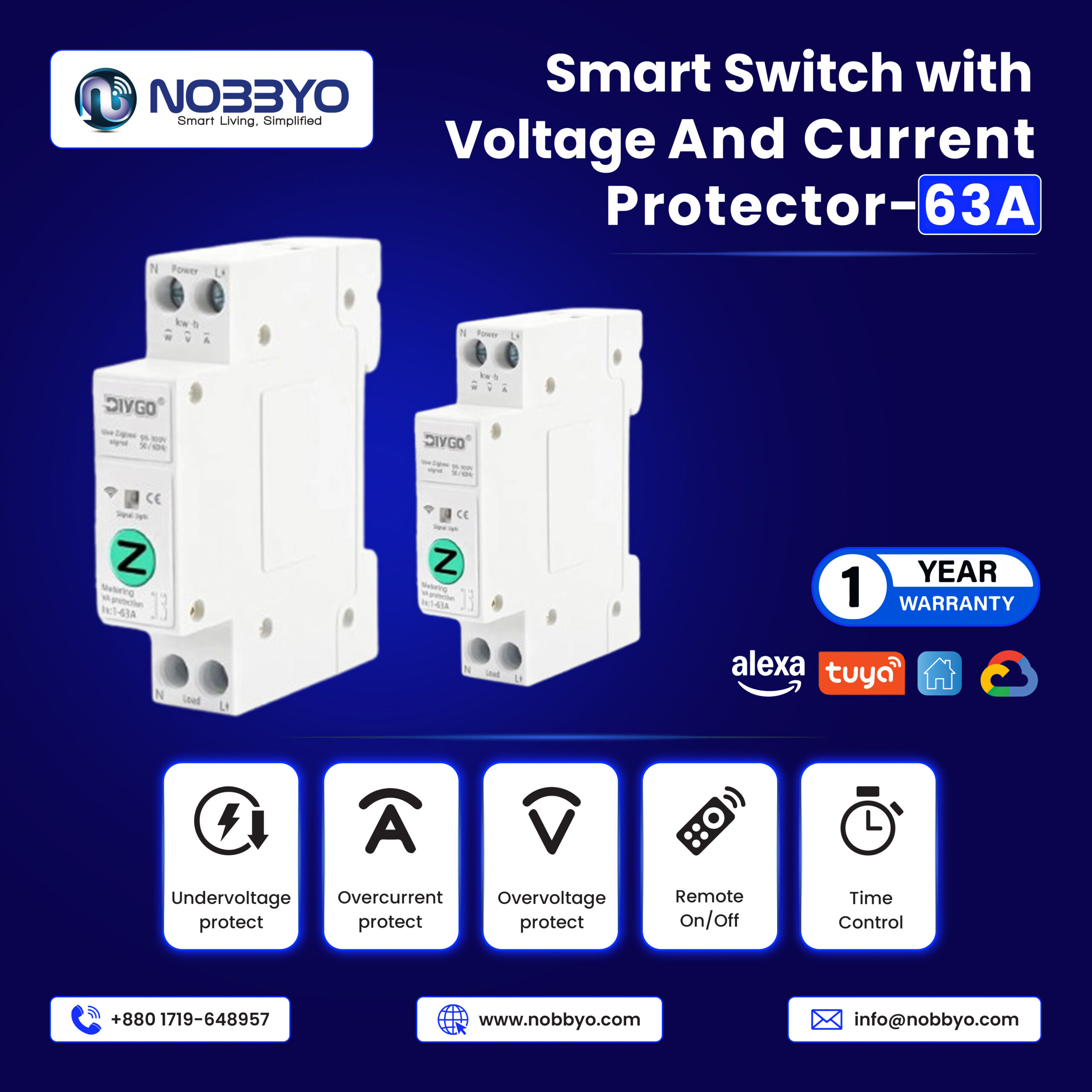 Smart Switch with Voltage & Current Protector – 63A | NOBBYO Smart Switch | NSH-SSVP-006